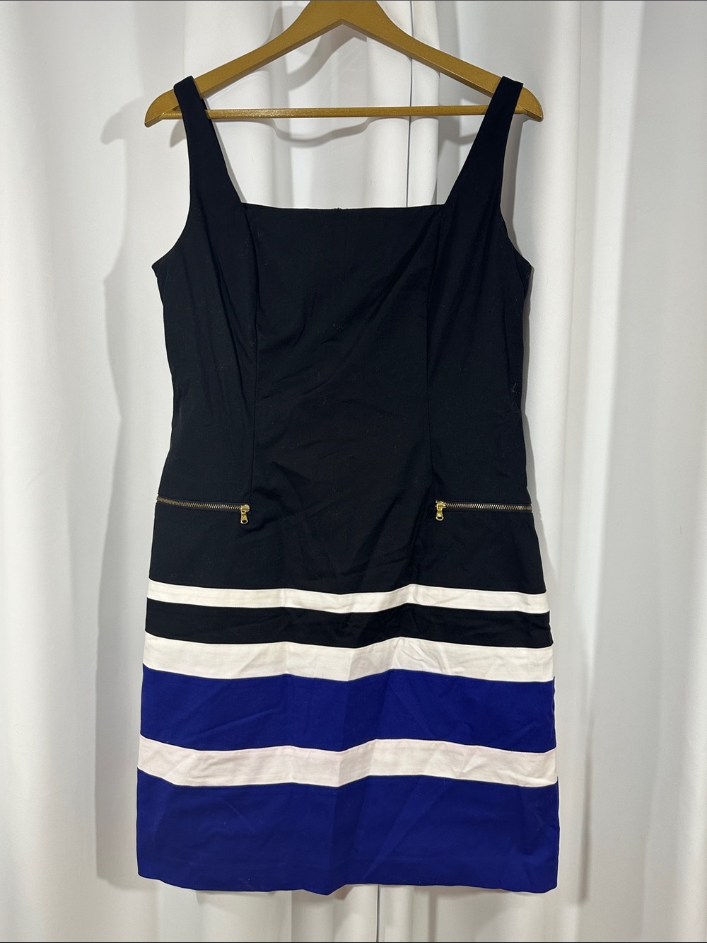 Lauren Ralph Lauren Colorblock Sheath Dress Size 12 Black Blue Zip Pockets